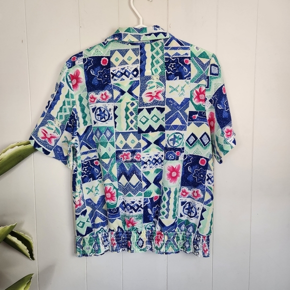 Vintage 1980s Blue Short Sleeve Bright Abstract Blouse Top 80s Office Preppy 90s - Picture 2 of 10